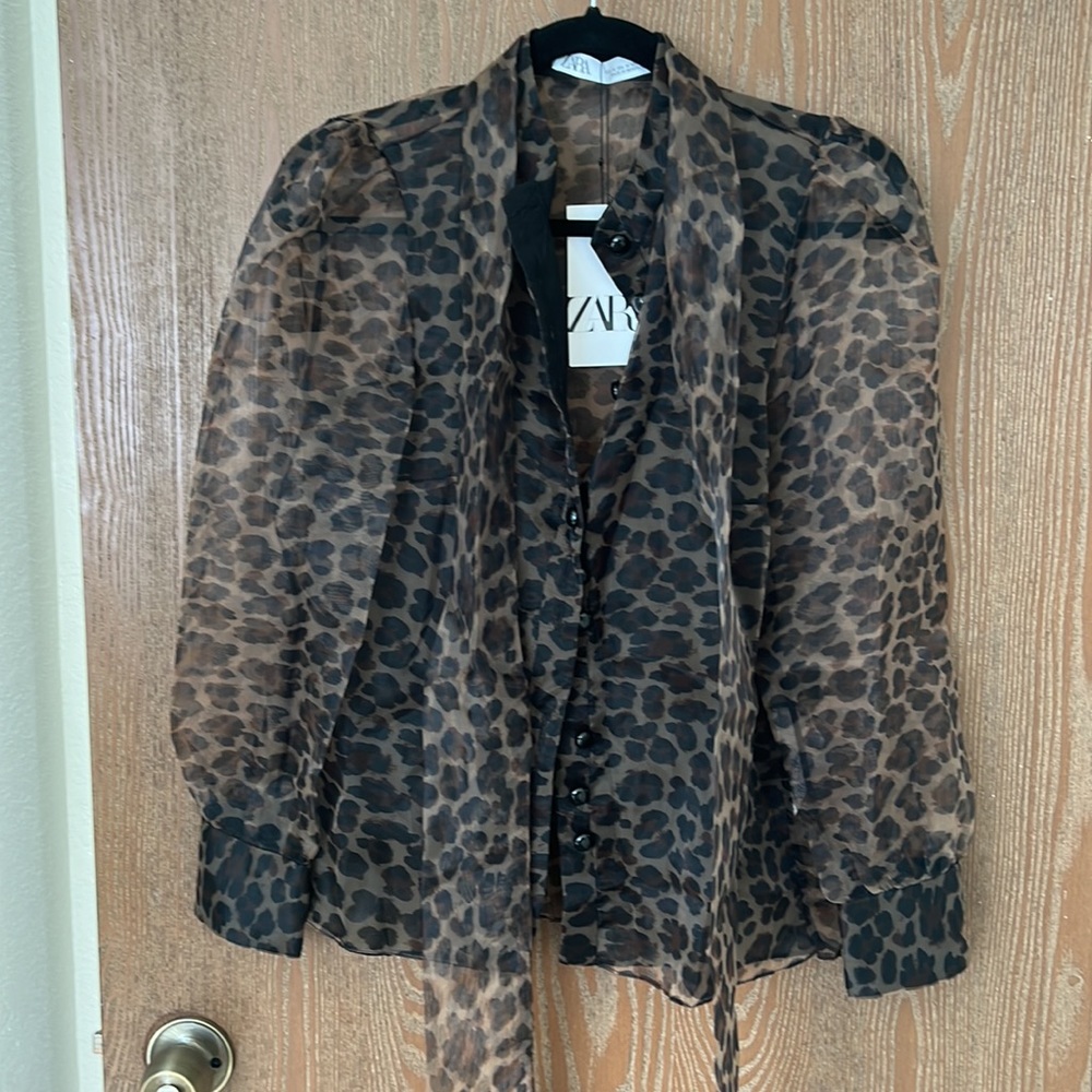 Zara leopard blouse with tie